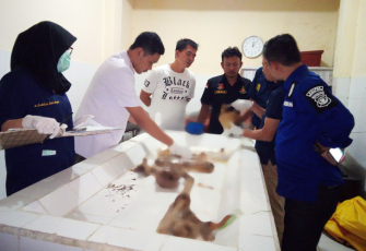 Pihak kepolisian saat melakukan identifikasi forensik kerangka manusia yang ditemukan