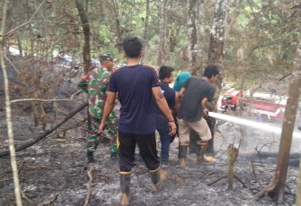 Petugas damkar dibantu warga dan Babinsa menjinakkan api
