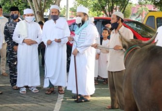 Walikota Bengkulu Helmi Hasan saat melakukan serah terima hewan qurban kepada ketua pengurus masjid Agung At Taqwa secara simbolis. 