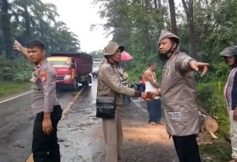 Polsek Putri Hijau Singkirkan Pohon Tumbang Akibatkan Jalur Bengkulu-Sumbar Macet