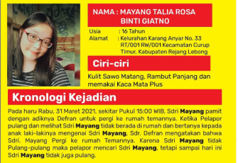 Remaja Putri di Kabupaten Rejang Lebong Hilang Seminggu Terakhir