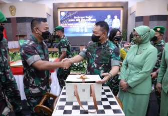 Kasad Jenderal TNI Dudung Abdurachman saat memberikan pengarahan kepada para Komandan Satuan di Makodam Jaya sebagai bagian dari rangkaian Kunjungan Kerja di Kodam Jaya, Senin (14/3/2022).