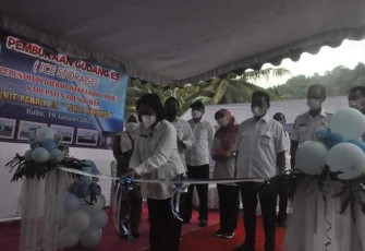 Pejabat Sekda Kabupaten TrenggalekAnik Suwarni, saat meresmikan Operasional Gudang Es, Pabrik Es Tirto Rahayu, Kecamatan Watulimo, Rabu (19/1/2022) (Foto : Hardi Rangga, klikwarta.com).