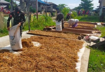 Anggota Satgas Yonif 144/JY Bantu Warga Menjemur Padi di Perbatasan