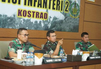 Pangdiv 2 Kostrad Mayjen TNI Syafrial saat memberikan pengarahan prajuritnya yang melaksanakan tugas operasi dalam negeri melalui virtual