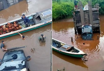 Pasca proses evakuasi kendaraan dan buah sawit yang terjebur ke sungai
