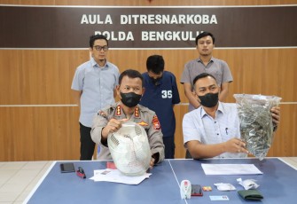 Kabid Humas Polda Bengkulu Kombespol. Sudarno,S.Sos, MH didampingi oleh Kasubdit I Ditresnarkoba Polda Bengkulu AKBP. Dheny Budhiono, S.Ik, MH., saat  konferensi pers terkait penangkapan pengedar narkotika  golongan I jenis ganja pada Selasa (13/09/2022).