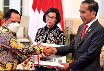Mendagri Muhammad Tito Karnavian saat menerima langsung DIPA Kemendagri TA 2023 dari Presiden Joko Widodo di Istana Negara, Jakarta, Kamis (1/12/2022).