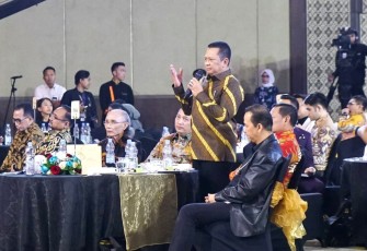Bamsoet saat menghadiri perayaan HUT ke-12 Kompas TV, di Jakarta, Senin malam (11/9/23).