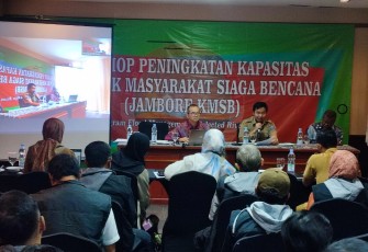 Gunawan Eko Movianto saat memberikan sambutan pada workshop peningkatan kapasitas Kelompok Masyarakat Siaga Bencana (Jambore KMSB) di Serang, pada Selasa, (12/09/2023).