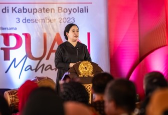 Puan saat berdialog dengan komunitas seniman di Kebun Raya Indrokilo, Boyolali, Jawa Tengah, Minggu (3/12/2023).