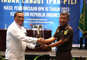 Inspektur Keuangan pada Jaksa Agung Muda Bidang Pengawasan Tedjolekmono mewakili Jaksa Agung Muda Pengawasan Dr. Ali Mukartono membuka sekaligus membacakan sambutan pada Pembukaan Rapat Koordinasi Pra-Pemantauan Tindaklanjut (Pra PTL) Hasil Pemeriksaan Badan Pemeriksa Keuangan (BPK) RI Tahun 2023 pada Rabu 06 Desember 2023 bertempat di Hotel Grand Mercure Kemayoran, Jakarta