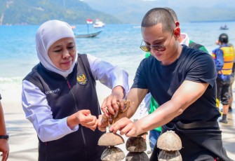 Bupati Trenggalek, Mochamad Nur Arifin, bersama Gubernur Jawa Timur, Khofifah Indar Parawansa, saat menanam terumbu karang di Pantai Mutiara, Selasa (21/2/2023) (Foto : Hardi Rangga klikwarta.com).