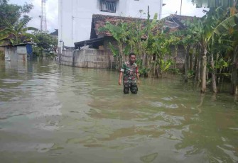 Babinsa Koramil 0718-01/Pati  Sertu Toha saat monitoring banjir di Desa Purworejo Pati