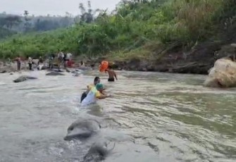Proses evakuasi jasad pria di aliran sungai Cipamingkis, Kabupaten Bogor, Minggu (7/5)