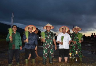 Danrem 023/KS Kolonel Inf Lukman Hakim saat menanam padi di lokasi TMMD ke 117 Kodim 0212/Tapsel