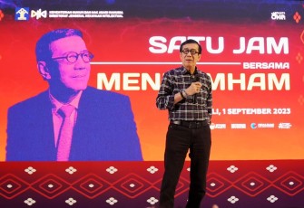 Menkumham Yasonna H. Laoly dalam kegiatan ‘Satu Jam Bersama Menkumham’ yang diselenggarakan di Universitas Udayana, Bali pada Jumat, 1 September 2023.