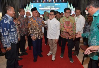 Gus Muhaimin saat menghadiri Rakornas Transmigrasi dan Pembekalan Mahasiswa KKN di Universitas Gajah Mada (UGM), Yogyakarta, Selasa (16/5/2023).
