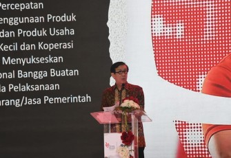 Menteri Hukum dan HAM, Yasonna Laoly saat menyampaikan keynote speech pada pembukaan Temu Bisnis Tahap VI, di JIExpo Jakarta, Kamis (03/08/2023).
