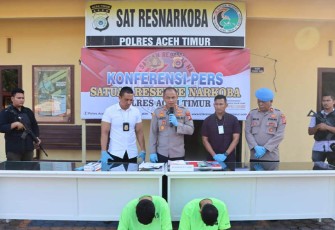 Kapolres Aceh Timur AKBP Andy Rahmansyah, S.I.K., saat Konferensi Pers pada hari Rabu, (09/03/2023) petang.