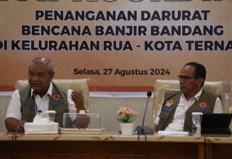 Rapat koordinasi Posko hari kedua yang berlangsung di Kantor Wali Kota Ternate pada Rabu (28/7). Pendampingan BNPB terhadap Posko di fase tanggap darurat pascabanjir bandang di Kelurahan Rua, Kecamatan Pulau Ternate, Kota Ternate, Maluku Utara.