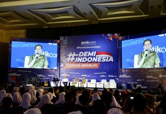 Pj Gubernur Sumsel Agus Fatoni dalam kegiatan ‘Demi Indonesia Cerdas Memilih di Kota Palembang’ di The Sultan Convention Center, Palembang, Sumatera Selatan, Senin (22/1/2024). 