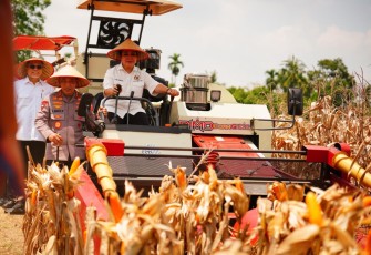 Kapolri Jenderal Listyo Sigit Prabowo saat panen raya jagung di Oku Timur, Sumsel, Sabtu (27/9)