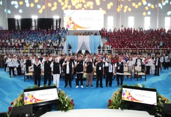 Puncak Peringatan Hari Olahraga Nasional (Haornas) Ke-42 Tahun 2025 di Gor POPKI, Kompleks Cibubur Youth Elite Sport Center (CYESC), Jalan Jambore Nomor 1, Cibubur, Jakarta Timur (Jaktim), Selasa (9/9) siang.