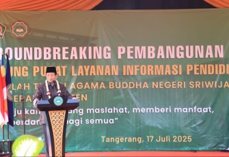 Menteri Agama Nasaruddin Umar dalam acara groundbreaking pembangunan Gedung Pusat Layanan Informasi STABN Sriwijaya di Tangerang.
