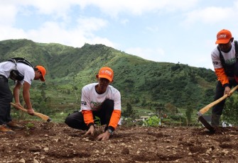 Beberapa relawan dari warga setempat melakukan penanaman bibit pohon sebagai upaya mitigasi vegetasi di wilayah Desa Mlandi, Kecamatan Garung, Kabupaten Wonosobo, pada Jumat (21/11).