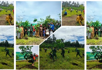 Satgas TMMD yang di pimpin langsung oleh Dandim 1310/Bitung selaku Dansatgas TMMD Ke-123 Kodim 1310/Bitung bersama warga saat melaksanakan penanaman 1000 bibit pohon di lokasi Manunggal Air Kelurahan Girian Indah