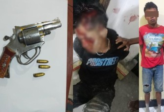 Dua Orang Tersangka Curat dan satu pucuk senjata api rakitan jenis revolver saat diamankan.
