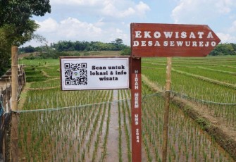 Integrasi QR Code inovasi mahasiswa KKN 46 UNS terpasang pada papan petunjuk jalan menuju lokasi Ekowisata Desa Sewurejo, Mojogedang, Karanganyar.