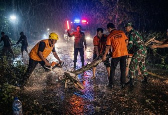 TNI bersama Polri dan BPBD melakukan evakuasi terhadap pohon tumbang yang melintang di Jalan Raya Durenan, Kabupaten Trenggalek, Sabtu (28/2/2026)