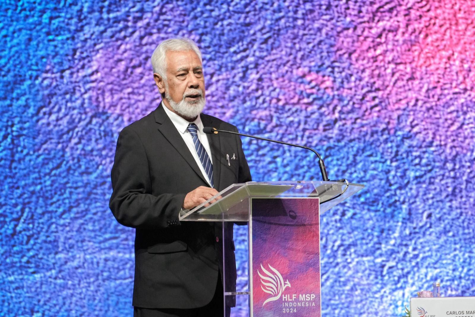 *Caption Foto2:* Perdana Menteri Timor-Leste Xanana Gusmao saat High-Level Plenary Session High-Level Forum on Multi-Stakeholder Partnerships (HLF MSP) 2024 bertajuk “Building Bridges: Unlocking the Full Potential of Global South through Multi-Stakeholder Partnerships, Senin (2/9/2024) di Nusa Dua Bali. (Foto: Bappenas)