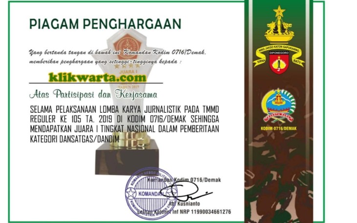 Klikwarta.com terima piagam penghargaan dari Kodim 0716/Demak