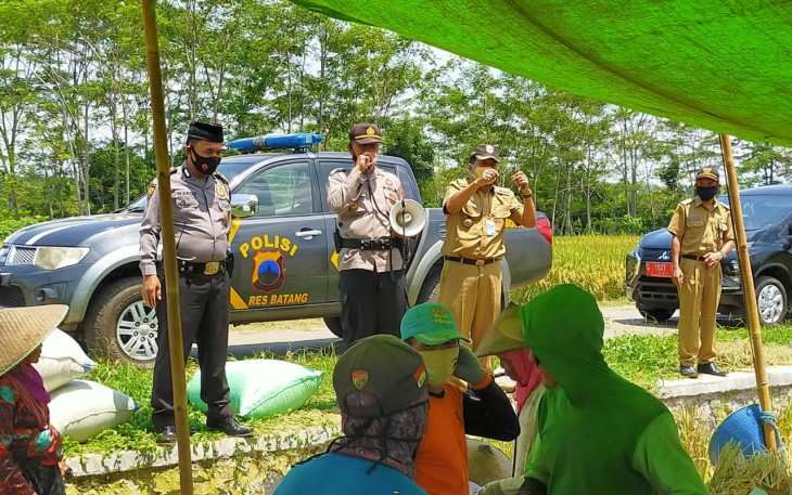 Kapolsek Tersono Polres Batang Polda Jawa Tengah, AKP Akhmad Almunasifi, SH didampingi Camat Tersono Drs. Bambang Urip Widagdo, MM memberikan pencerahan tentang pentingnya menaati protokol kesehatan ditengah pandemi COVID-19 kepada buruh tani yang sedang memanen padi di desa Harjowinangun Barat kecamatan Tersono kabupaten Batang, Kamis (19/11/2020).