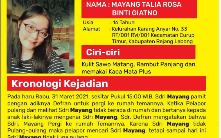 Remaja Putri di Kabupaten Rejang Lebong Hilang Seminggu Terakhir