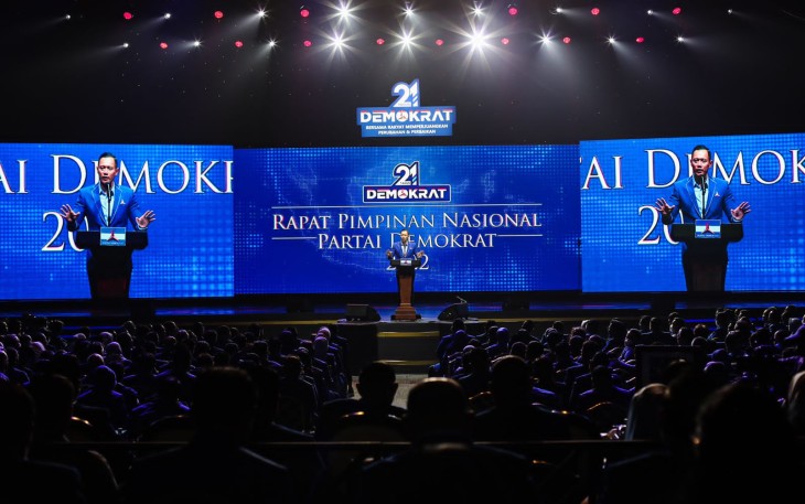 AHY dihadapan kadernya saat Rapat Pemimpin Nasional (Rapimnas) di Jakarta Convention Center, Jakarta Pusat, Kamis (15/9/2022) lalu.