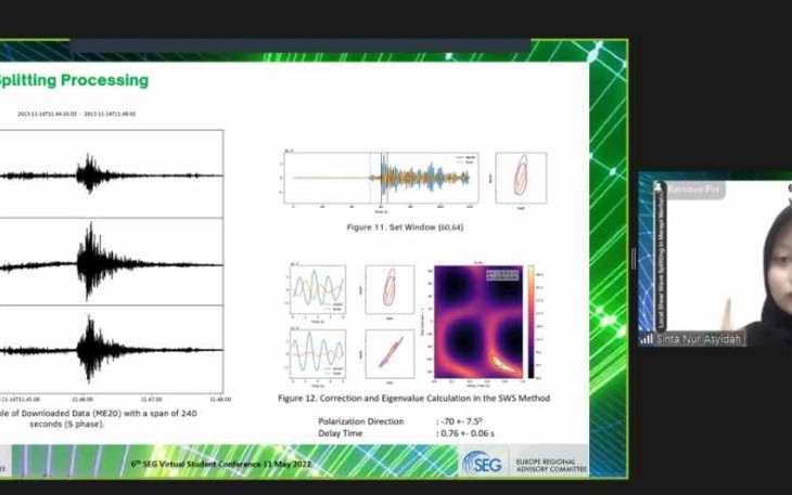 Sinta Nur Asyidah Saat Mempresentasikan Penelitiannya yang berjudul "Shear Wave Splitting" di Acara Society of Exploration Geophysicist Virtual Student Conference, Mei 2022.