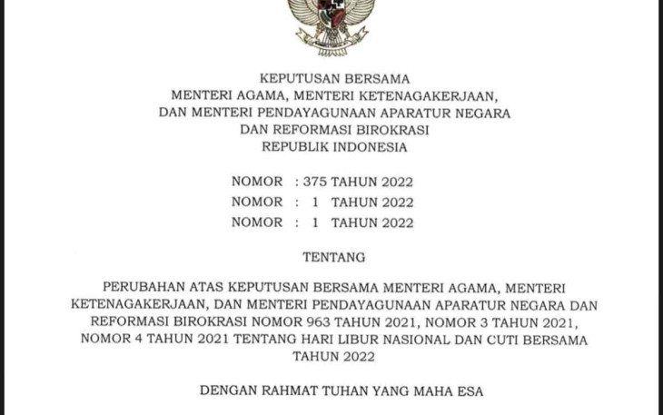 SKB Tiga Menteri Tetapkan Cuti Bersama Idulfitri 1443 H