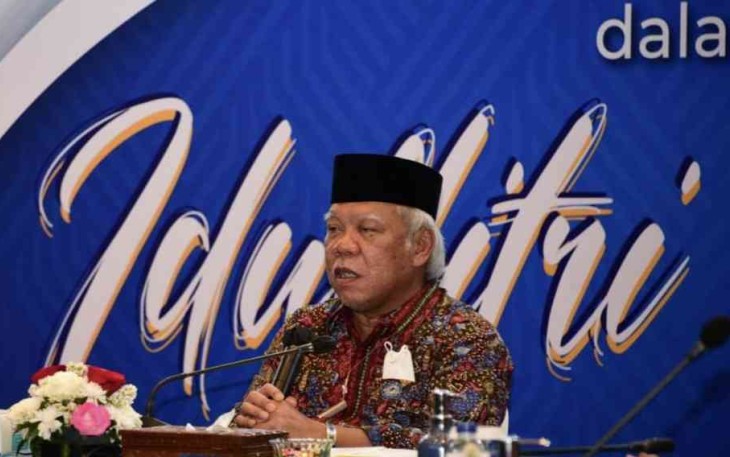 Menteri Basuki saat halalbihalal jajaran kementerian PUPR melalui virtual di Jakarta. Rabu (11/05/2022)