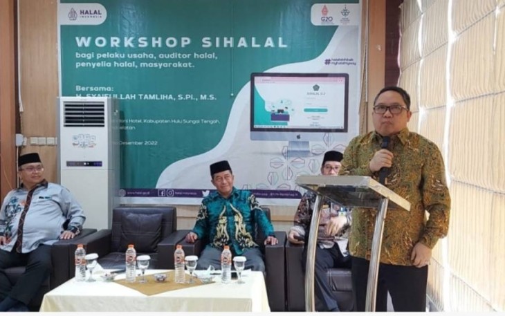Anggota Komisi VIII DPR RI Syaifullah Tamliha saat memberikan sambutan workshop Sihalal, di Kabupaten HSU, Kalsel, Sabtu (3/12)