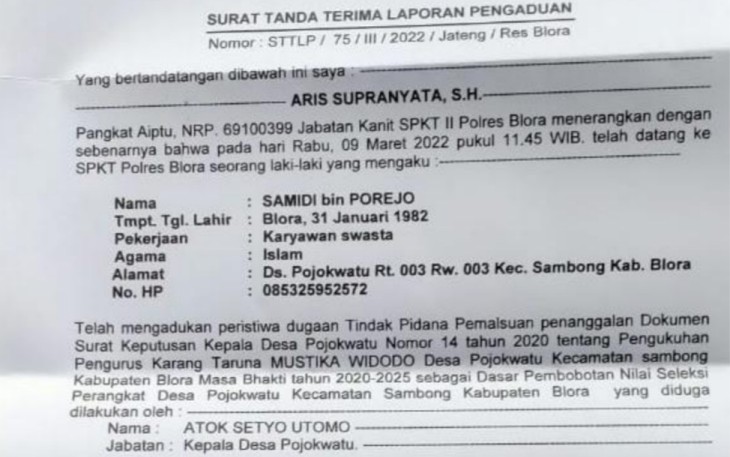 Surat Tanda Terima Laporan Pengaduan nomor STTLP/75/III/2022/Jateng/ Res Blora 