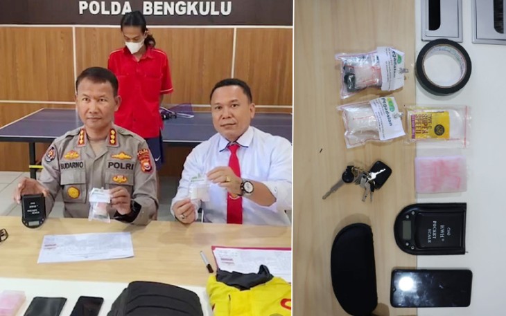 Kabid Humas Polda Bengkulu Kombespol. Sudarno, S. Sos, MH didampingi oleh Kasubdit III Ditresnarkoba Polda Bengkulu Kompol. Manogi Simare-Mare saat Konferensi Pers, Senin (26/09/2022). 