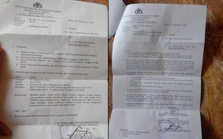 Surat undangan mediasi dari Polres Blora terkait dugaan permufakatan jahat penyerobotan tanah yang diduga dilakukan Kades Gadu dan Ketua Karang Taruna.