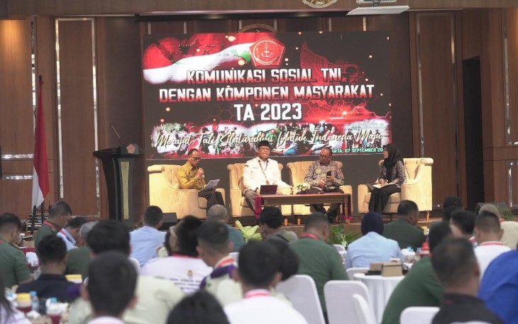 Komsos TNI dengan Komponen Masyarakat di Aula Bhinneka Eka Bhakti Mako Akademi TNI, Cilangkap, Jakarta Timur. Kamis (7/9/2023).