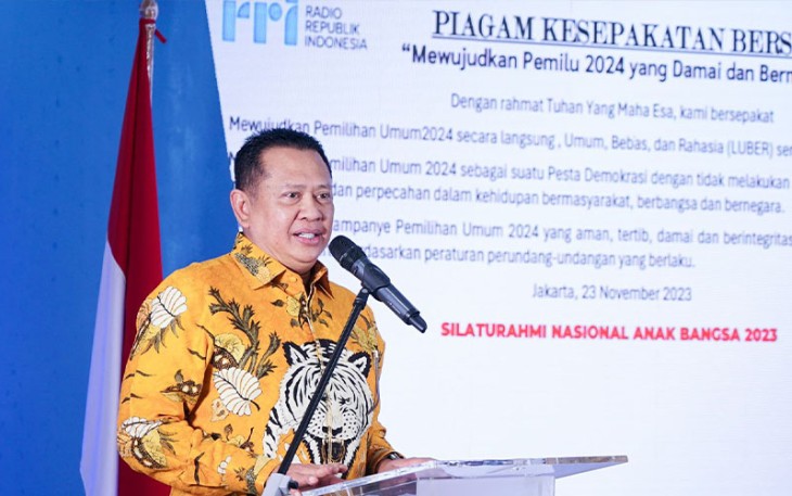 Bamsoet dalam Silaturahmi Nasional Anak Bangsa Tahun 2023, di kantor Lembaga Penyiaran Publik Radio Republik Indonesia (LPP RRI), Jakarta, Kamis (23/11/23).