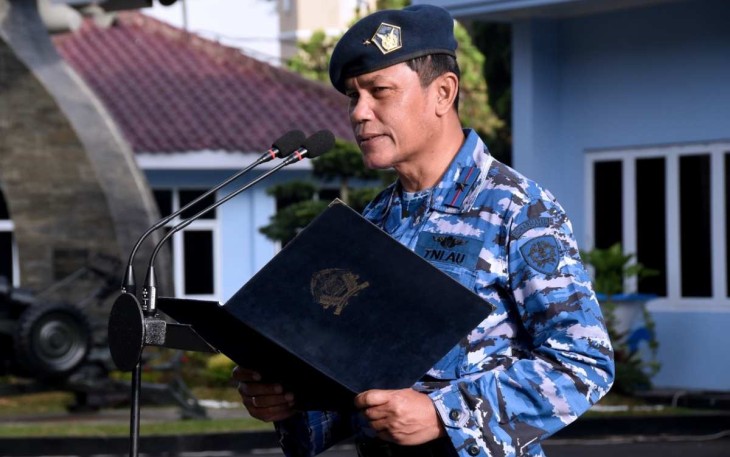 Wadan Koharmatau Marsma TNI Joseph Rizki Prabowo saat membacakan amanat Panglima TNI Laksamana Yudo Margono 