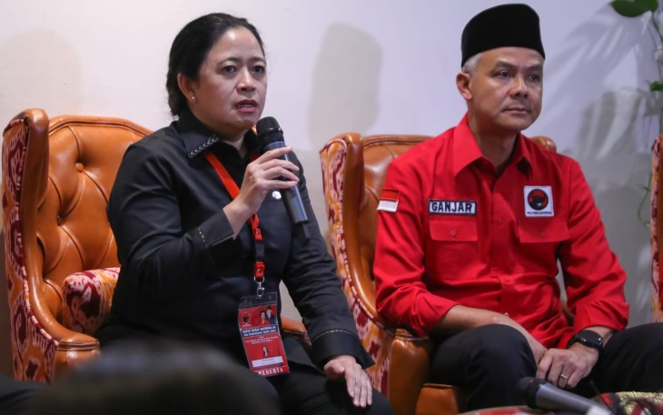 Puan Maharani bersama Ganjar Pranowo di Rakernas PDIP di Jakarta 